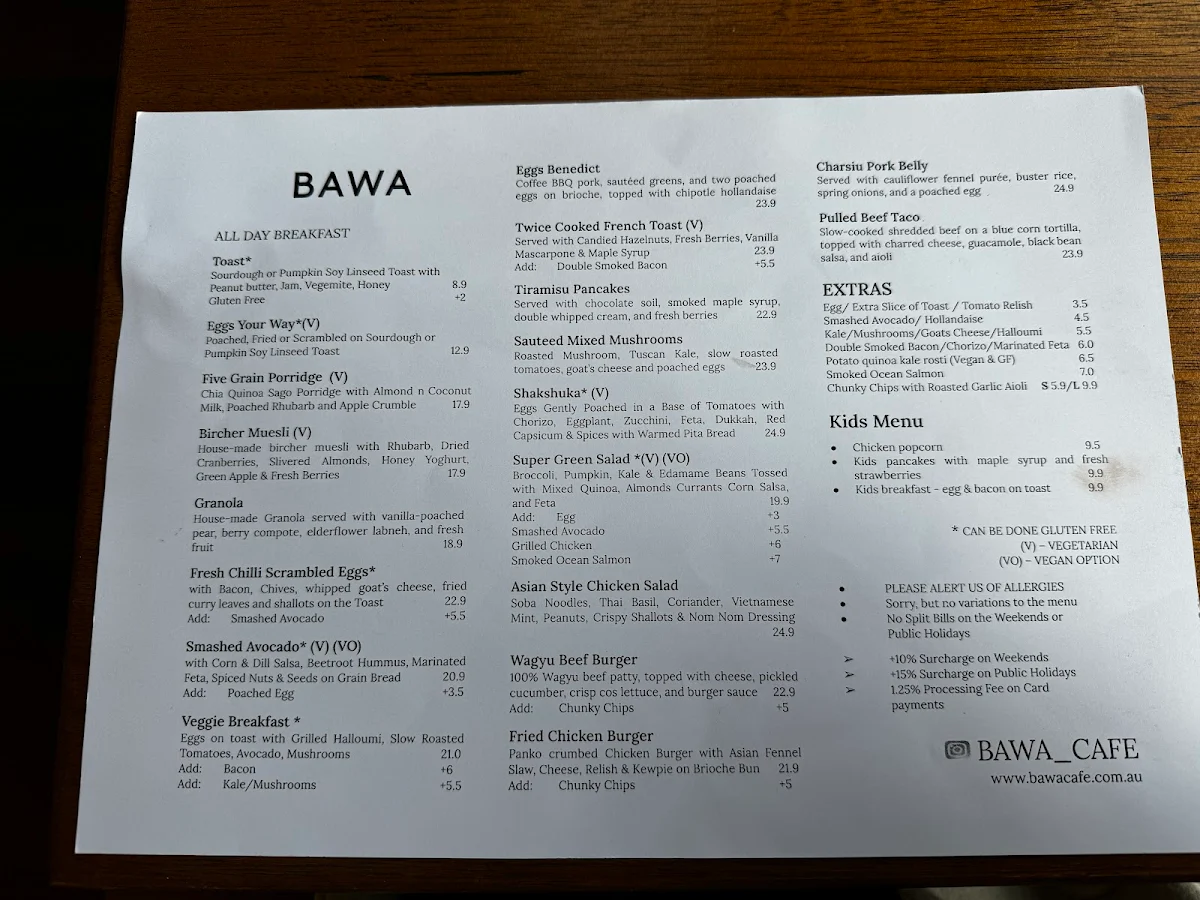 Menu, Bawa Cafe Hawthorn