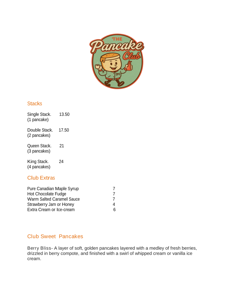 Menu, The Pancake Club