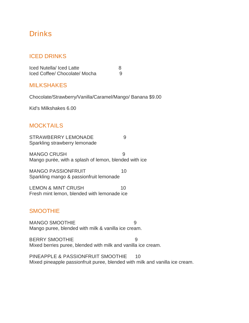 Menu, The Pancake Club