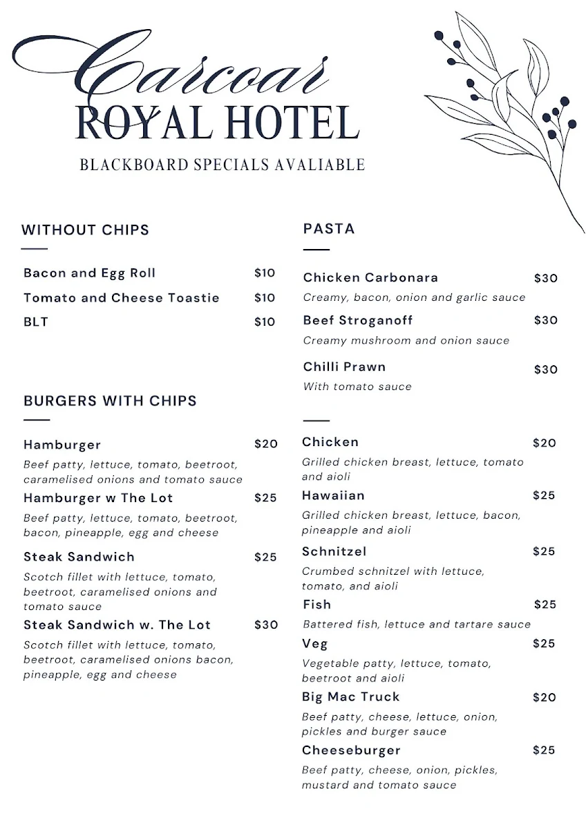 Menu, Carcoar Royal Hotel