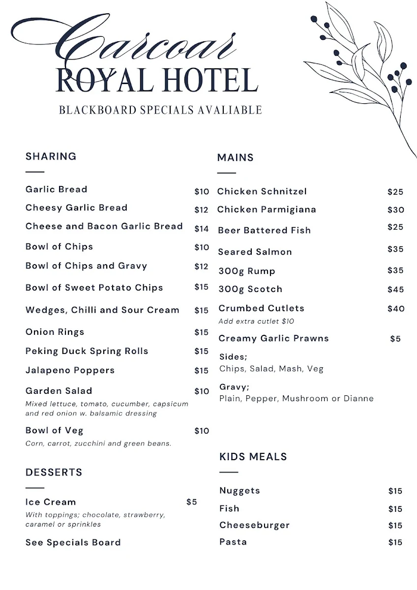 Menu, Carcoar Royal Hotel