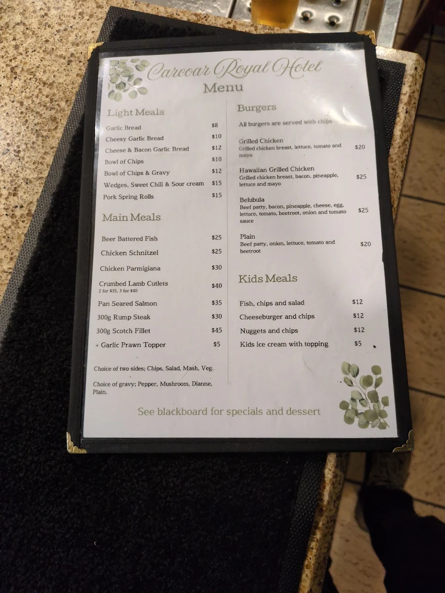 Menu, Carcoar Royal Hotel