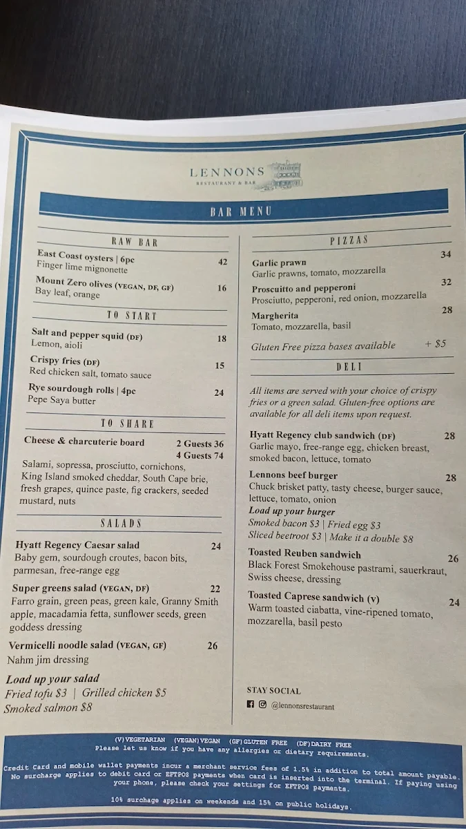 Menu, Lennons Restaurant & Bar