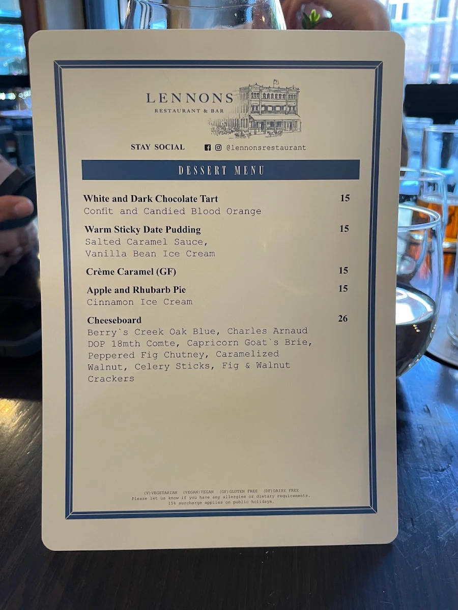 Menu, Lennons Restaurant & Bar