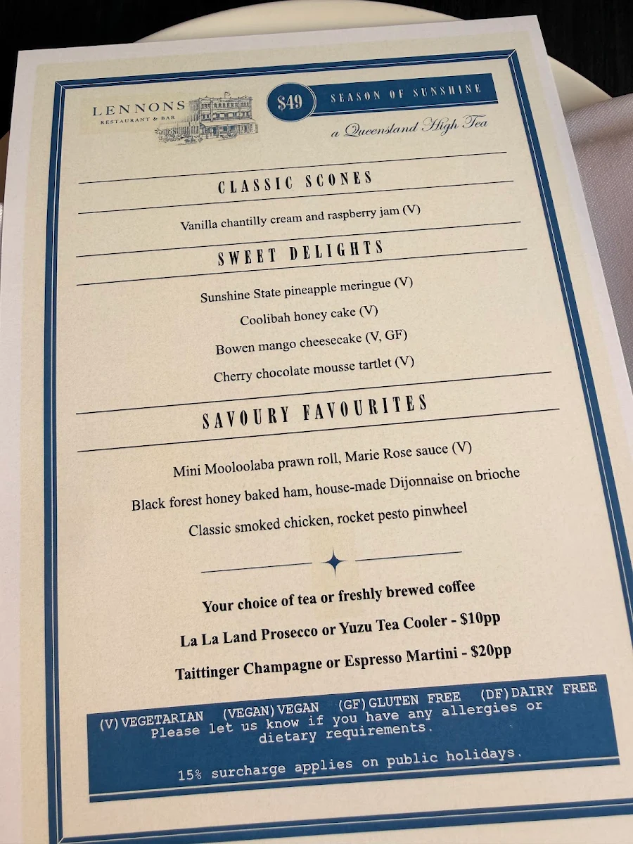 Menu, Lennons Restaurant & Bar