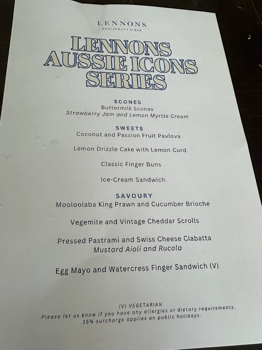 Menu, Lennons Restaurant & Bar