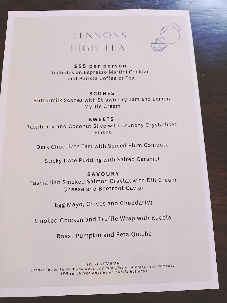 Menu, Lennons Restaurant & Bar