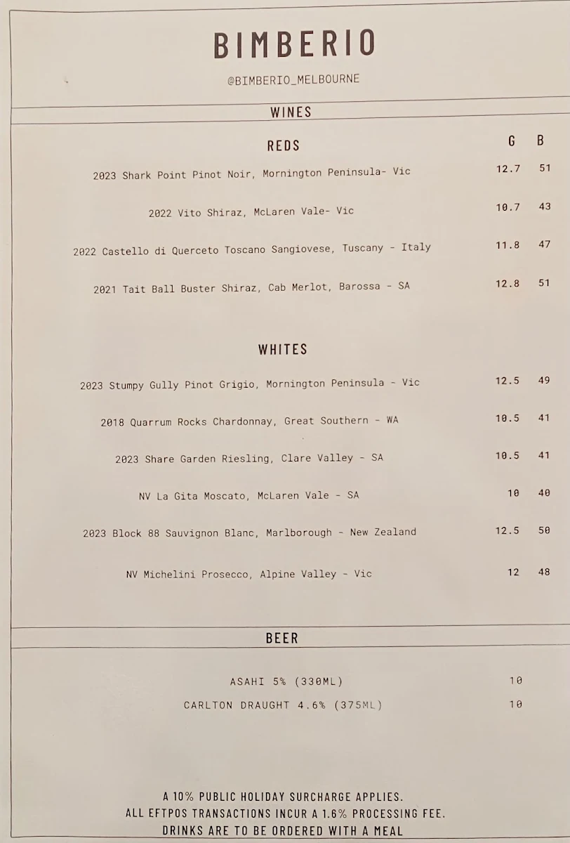 Menu, Bimberio