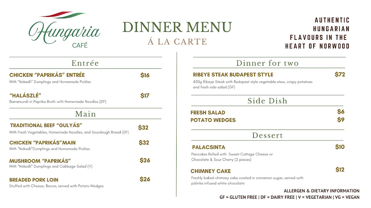 Menu, Hungaria Café