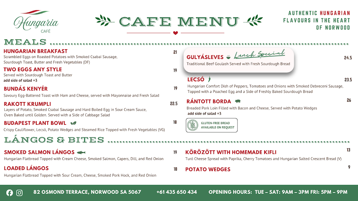 Menu, Hungaria Café