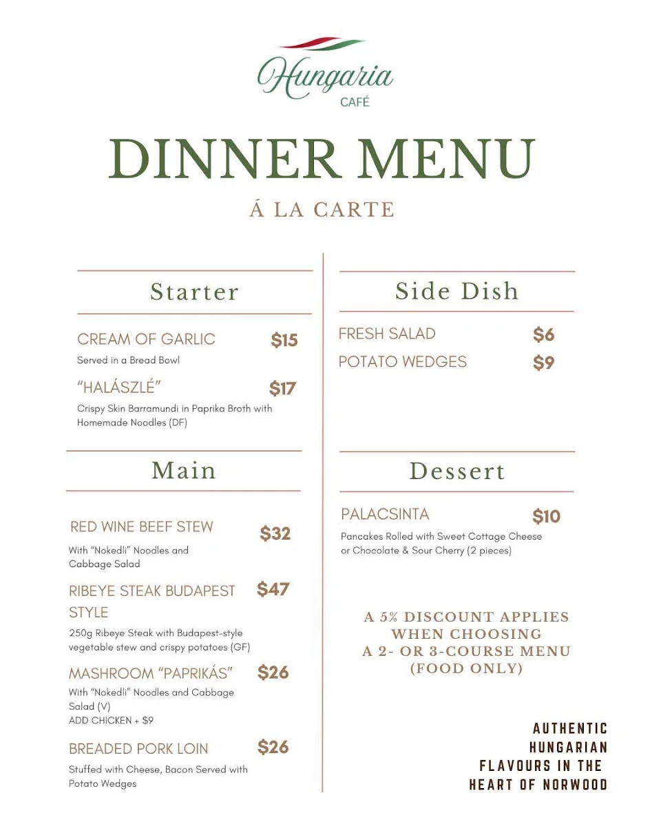Menu, Hungaria Café
