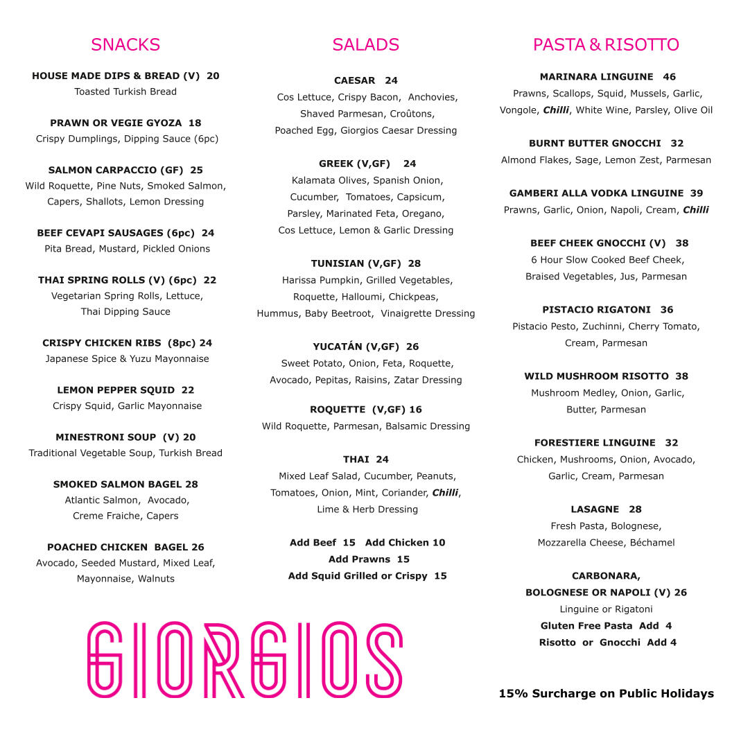 Menu, Giorgios Restaurant