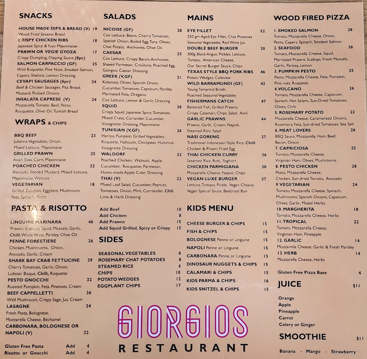Menu, Giorgios Restaurant