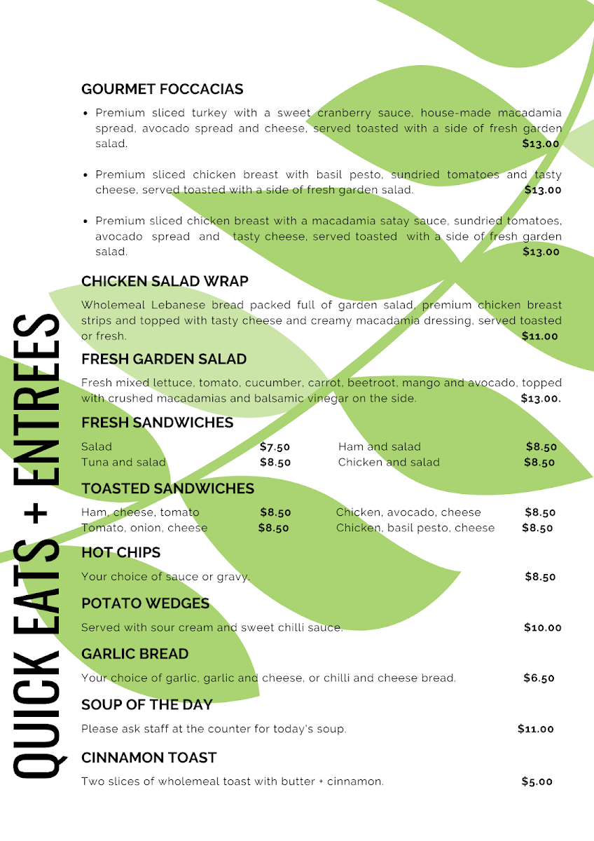 Menu, Medowie Macadamias