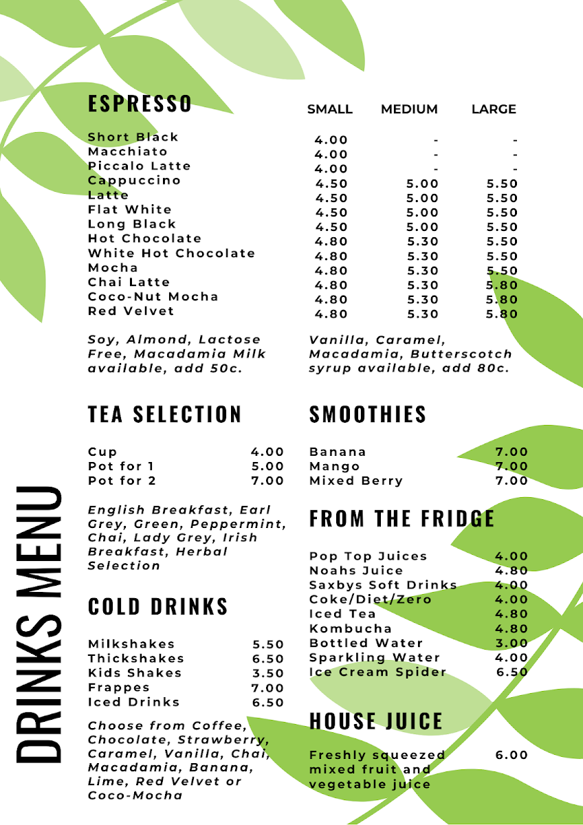 Menu, Medowie Macadamias