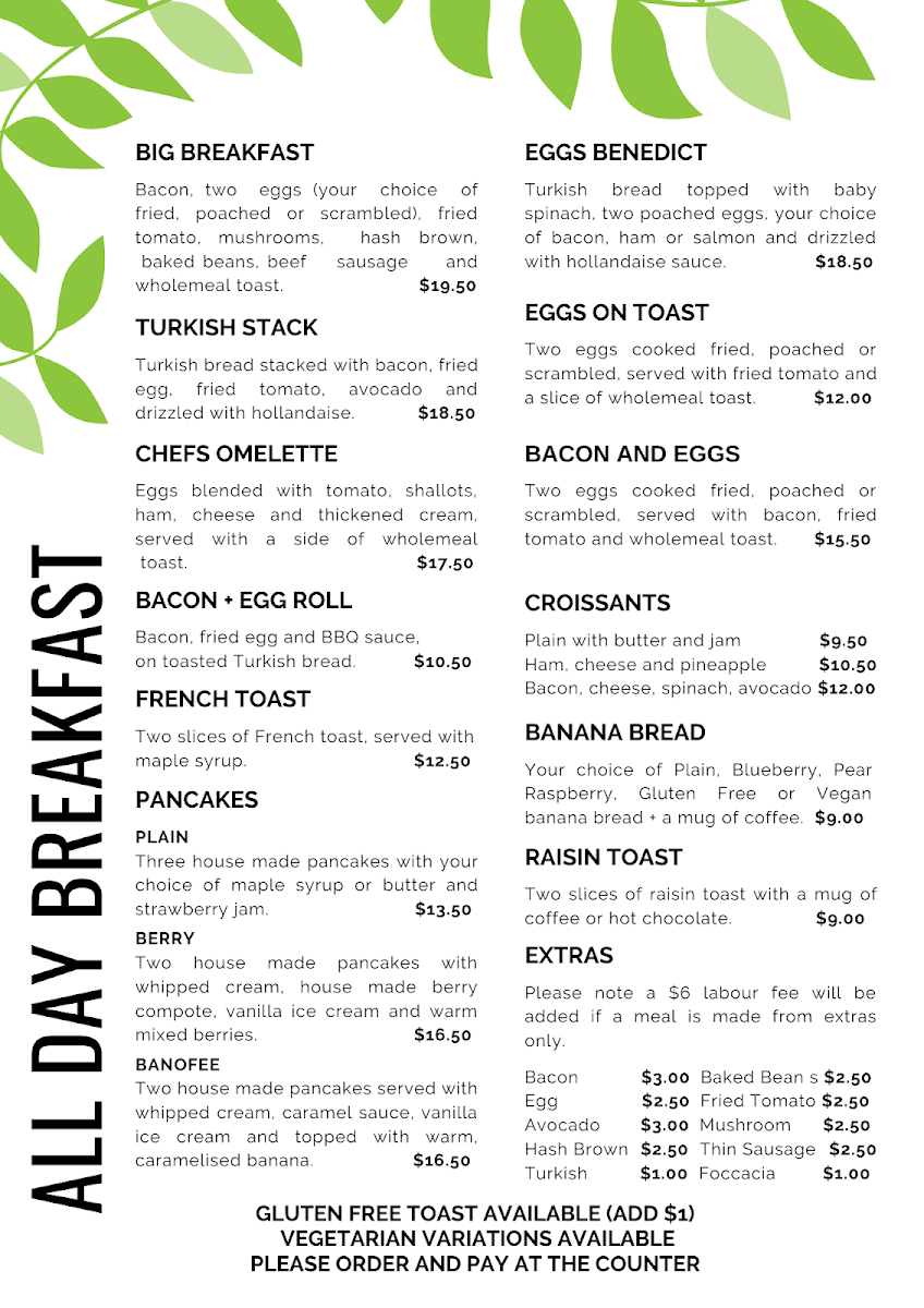 Menu, Medowie Macadamias