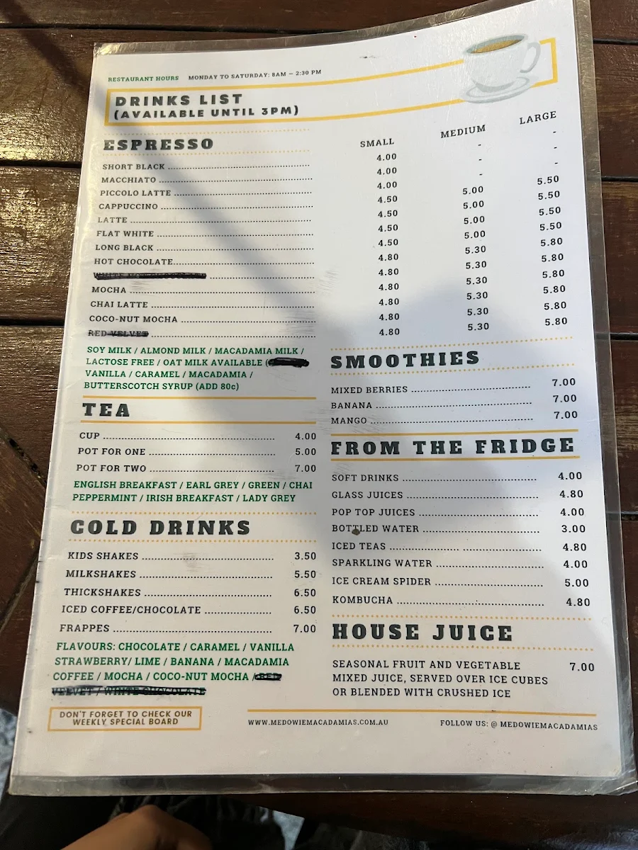 Menu, Medowie Macadamias