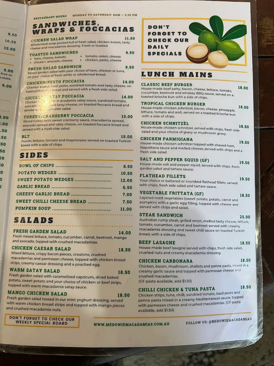 Menu, Medowie Macadamias