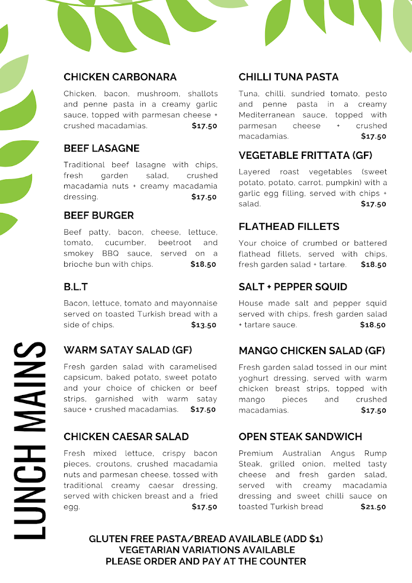 Menu, Medowie Macadamias