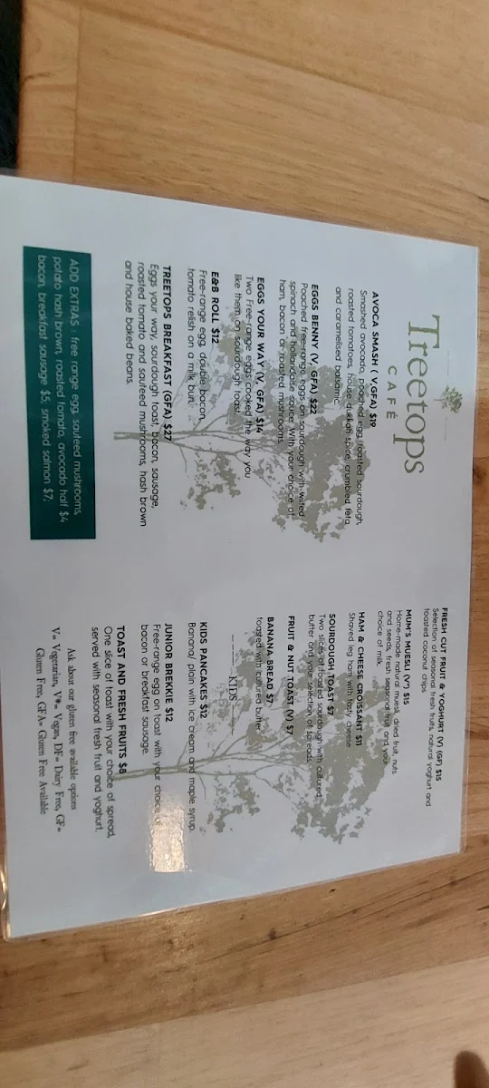 Menu, Treetops Cafe