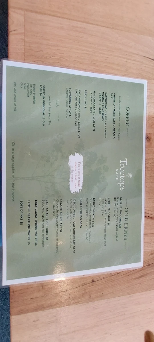 Menu, Treetops Cafe