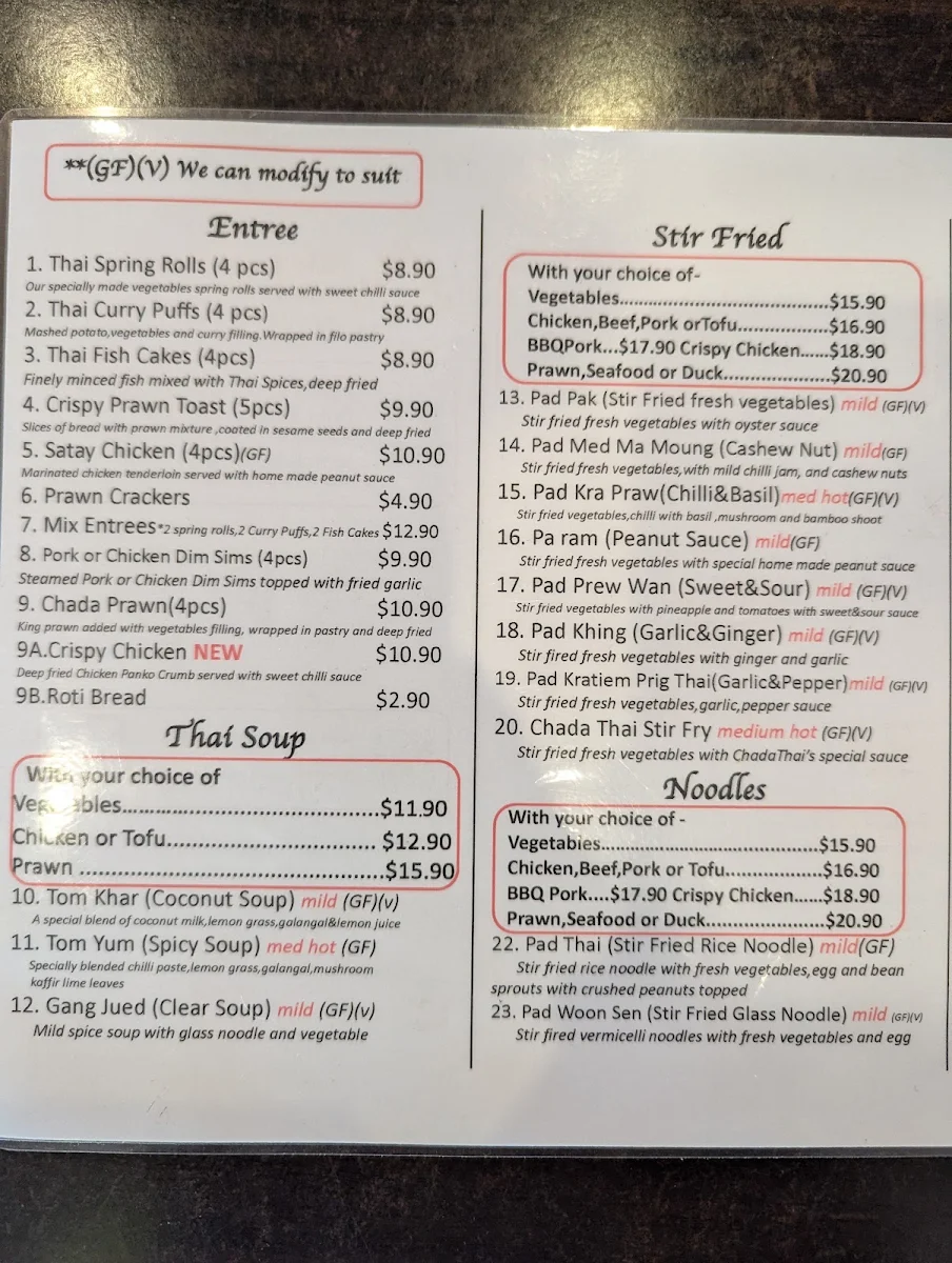 Menu, Chada Thai Takeaway Noosaville
