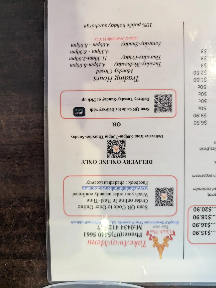 Menu, Chada Thai Takeaway Noosaville