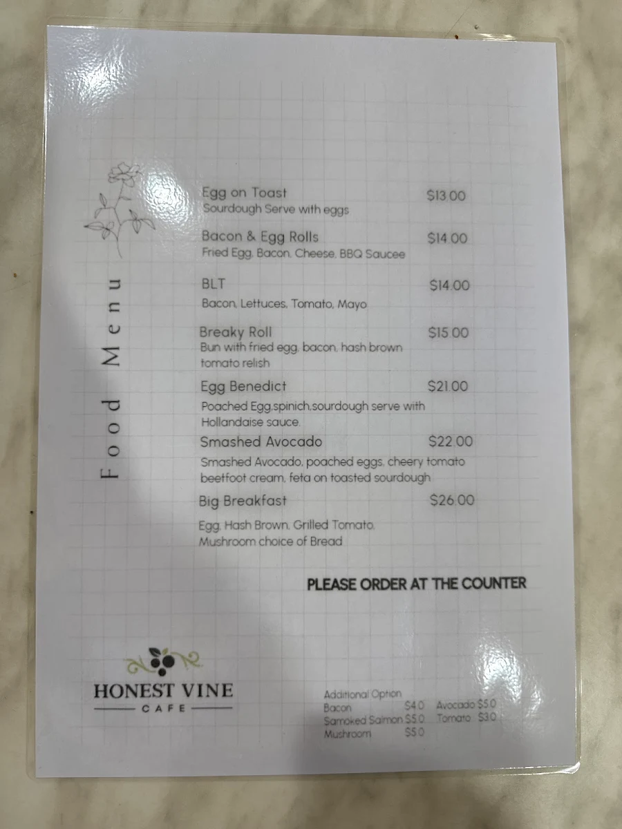 Menu, Honest vine Cafe