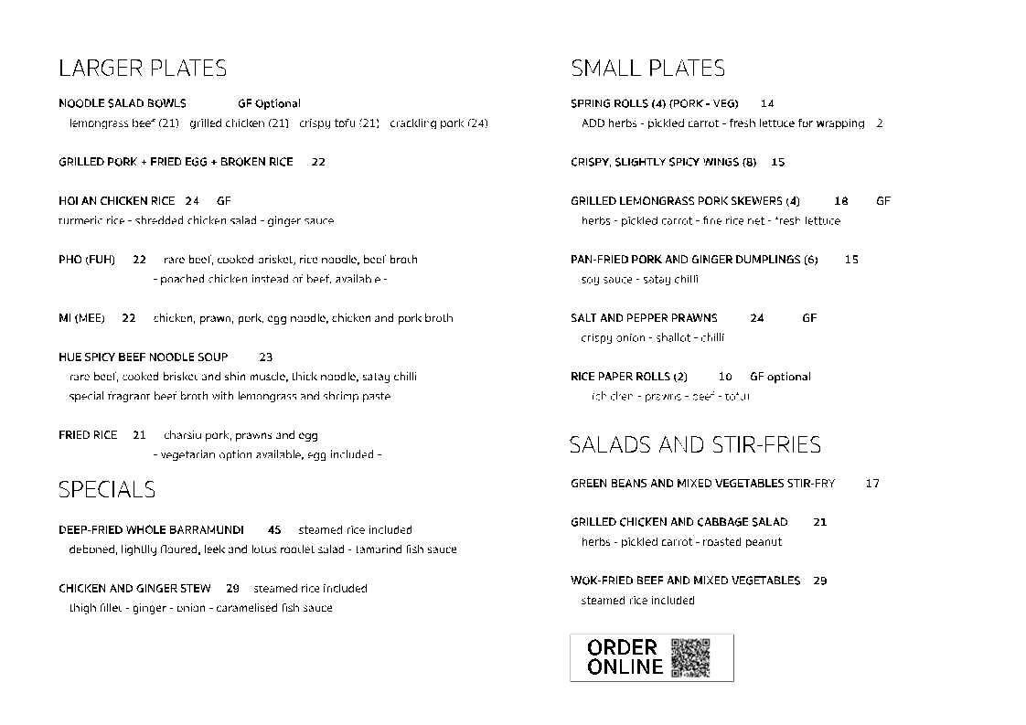 Menu, Nguyen Brothers Tewantin