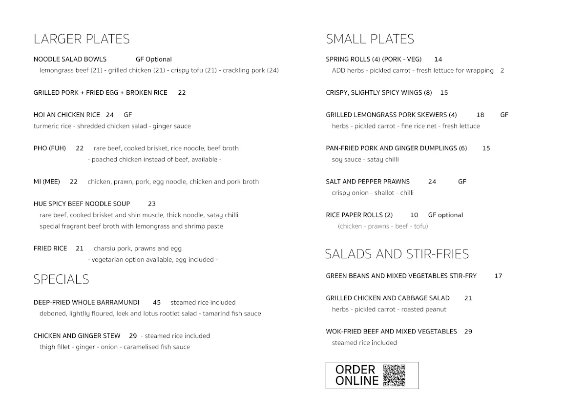 Menu, Nguyen Brothers Tewantin