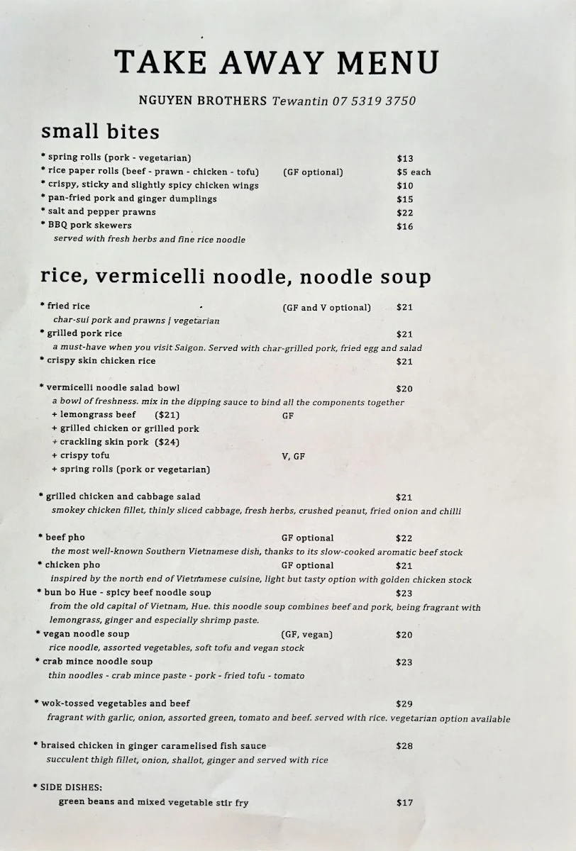 Menu, Nguyen Brothers Tewantin