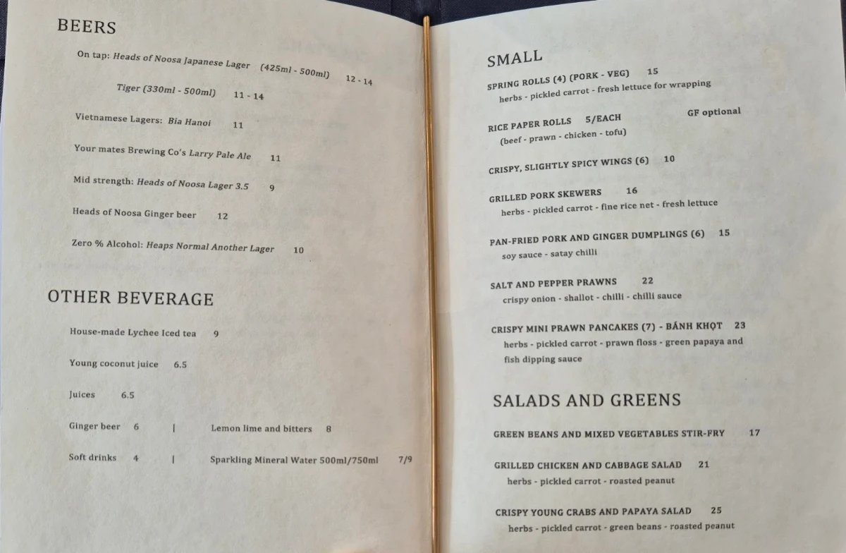Menu, Nguyen Brothers Tewantin