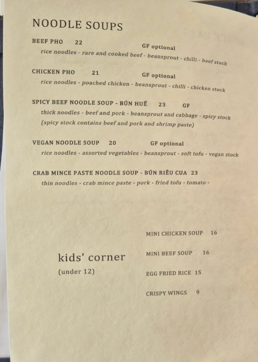 Menu, Nguyen Brothers Tewantin