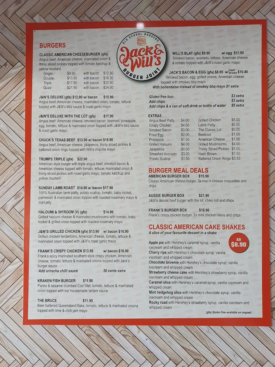 Menu, Jack & Will's BURGER JOINT