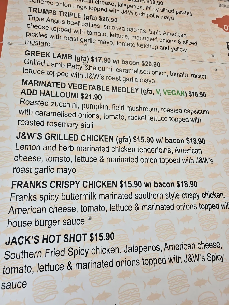 Menu, Jack & Will's BURGER JOINT