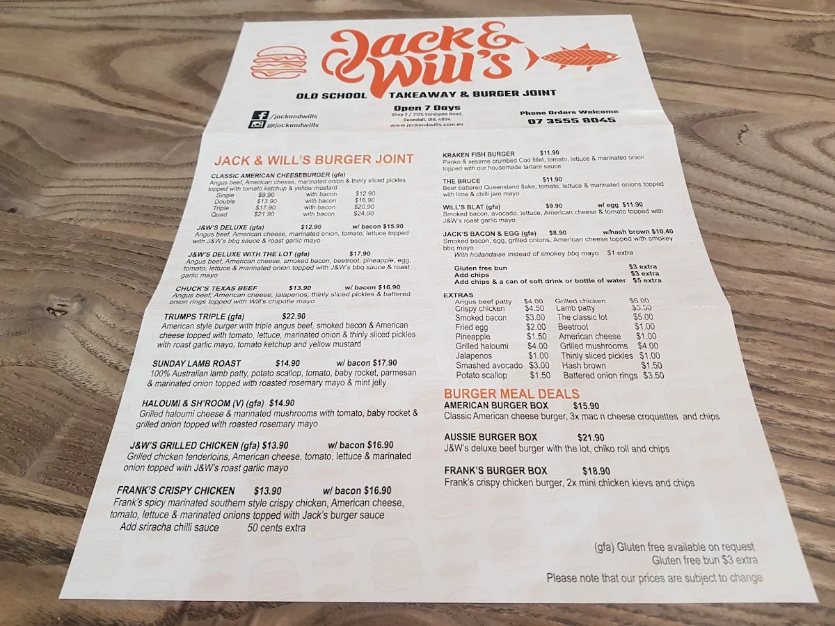 Menu, Jack & Will's BURGER JOINT