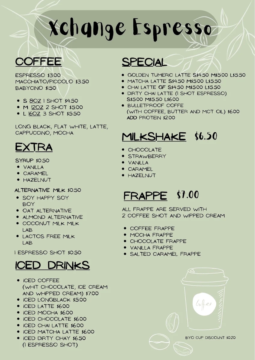 Menu, Xchange Espresso