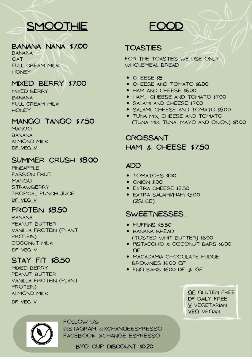 Menu, Xchange Espresso