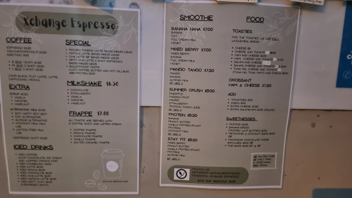 Menu, Xchange Espresso
