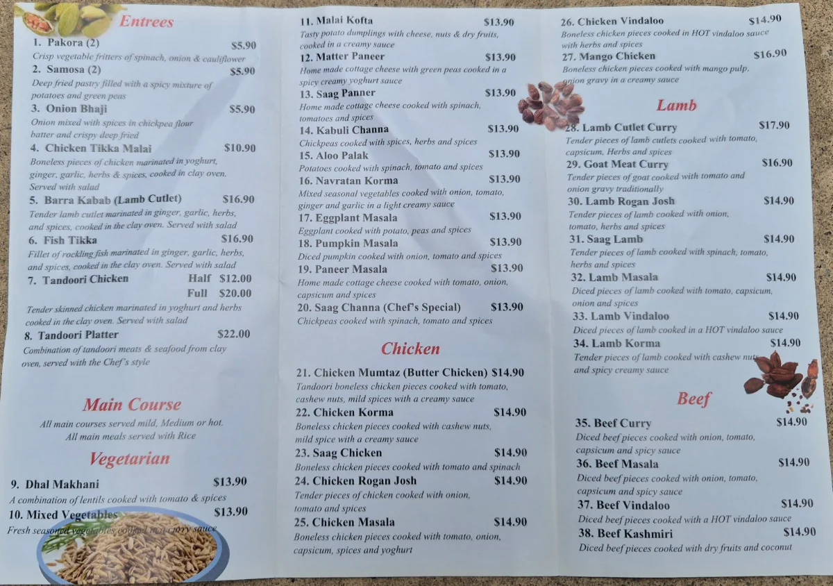 Menu, Maharani Indian Restaurant