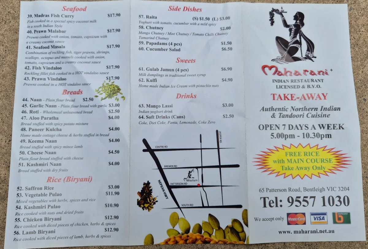 Menu, Maharani Indian Restaurant