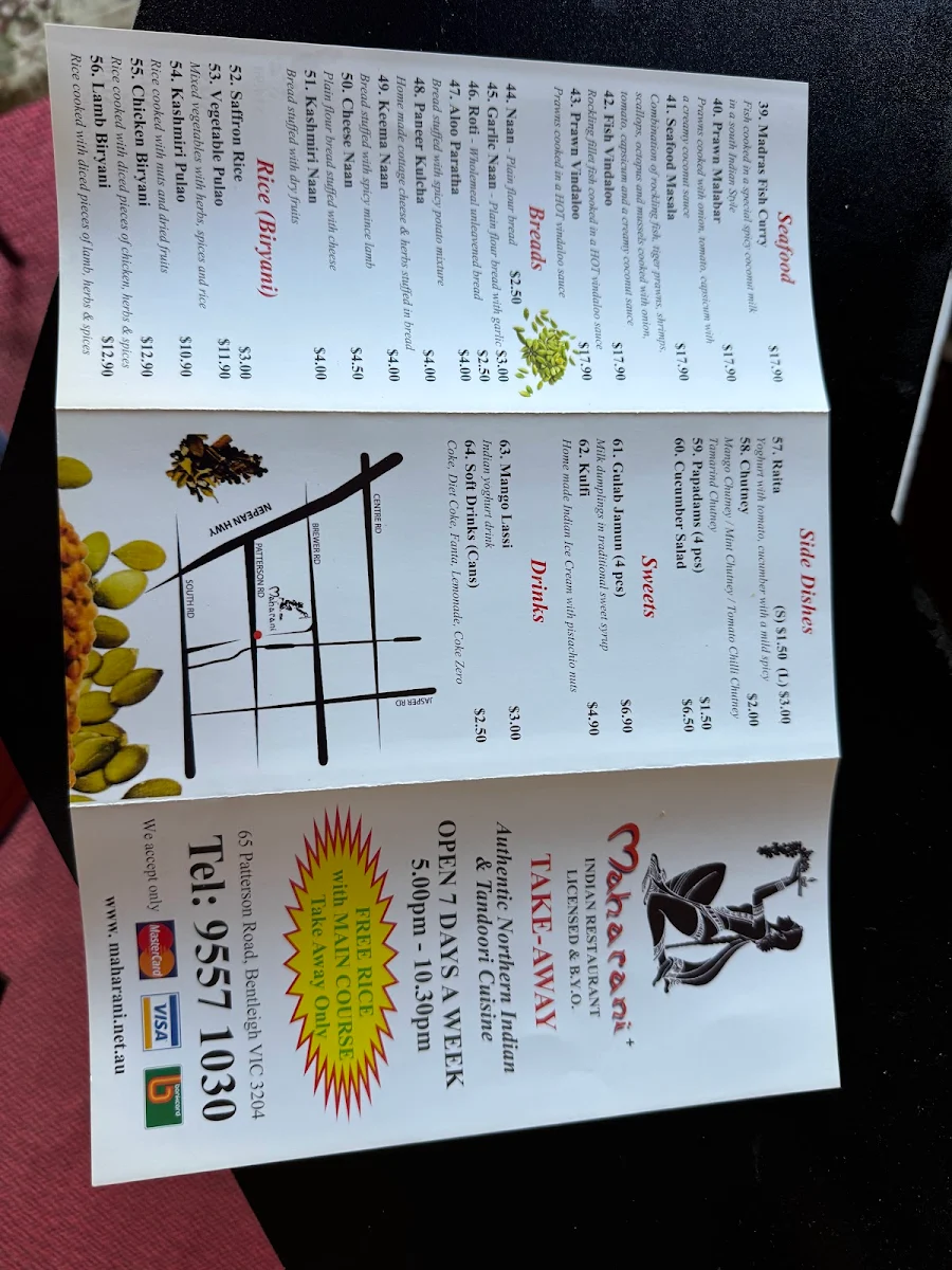 Menu, Maharani Indian Restaurant