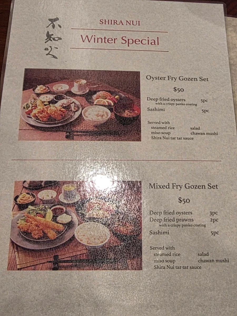 Menu, Shira Nui Japanese Restaurant