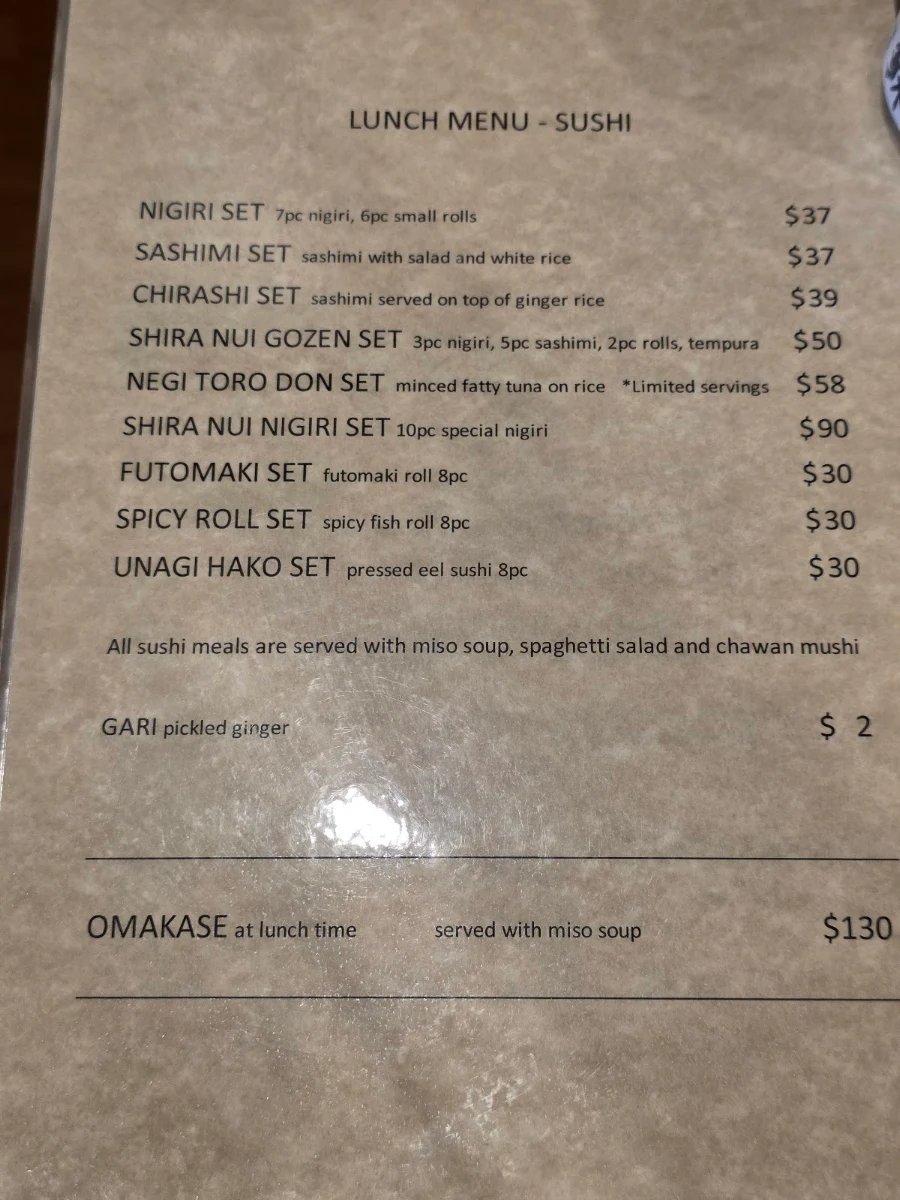Menu, Shira Nui Japanese Restaurant