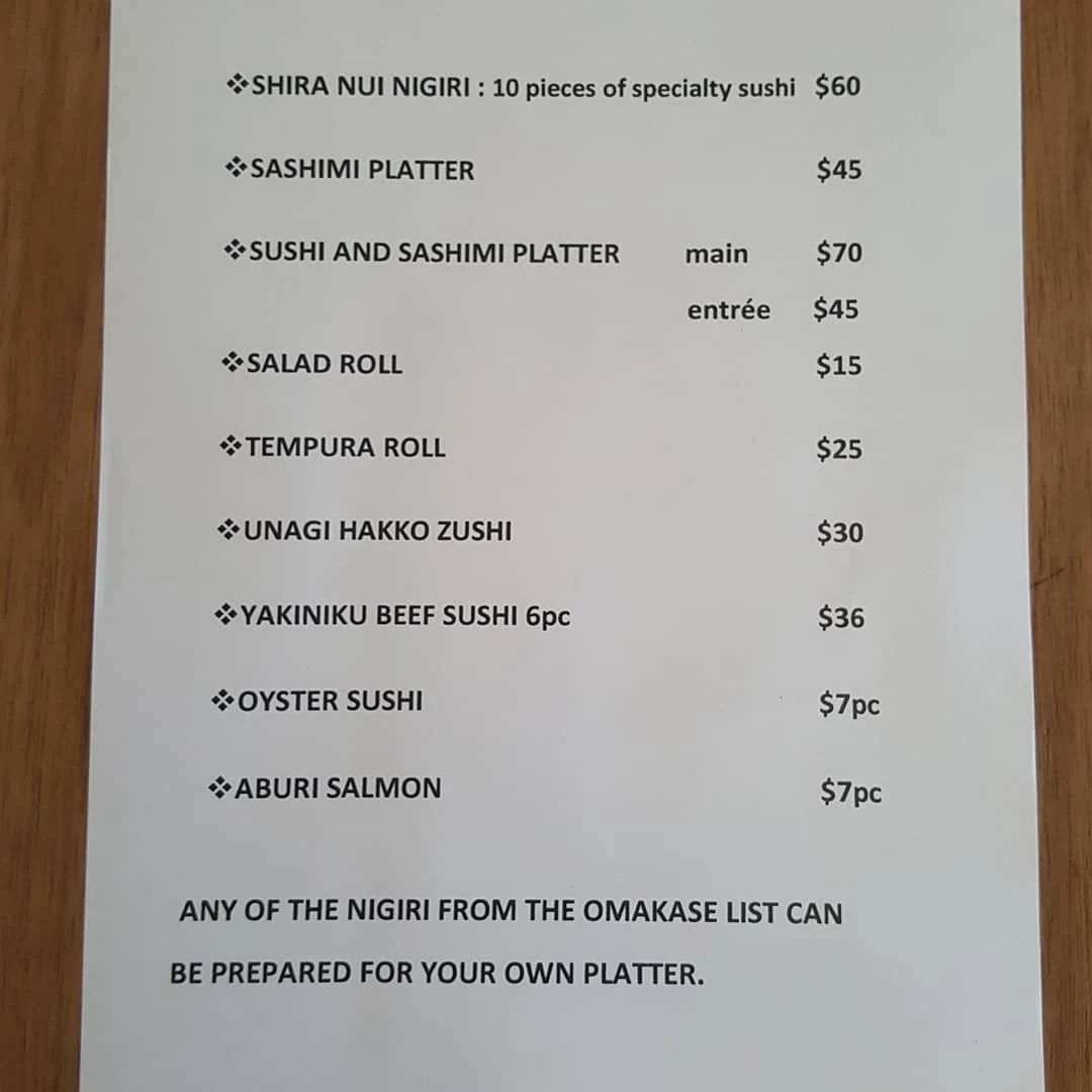 Menu, Shira Nui Japanese Restaurant