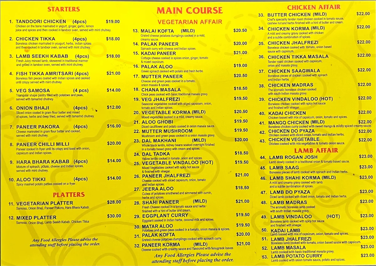 Menu, Spicy Affair Indian Cuisine