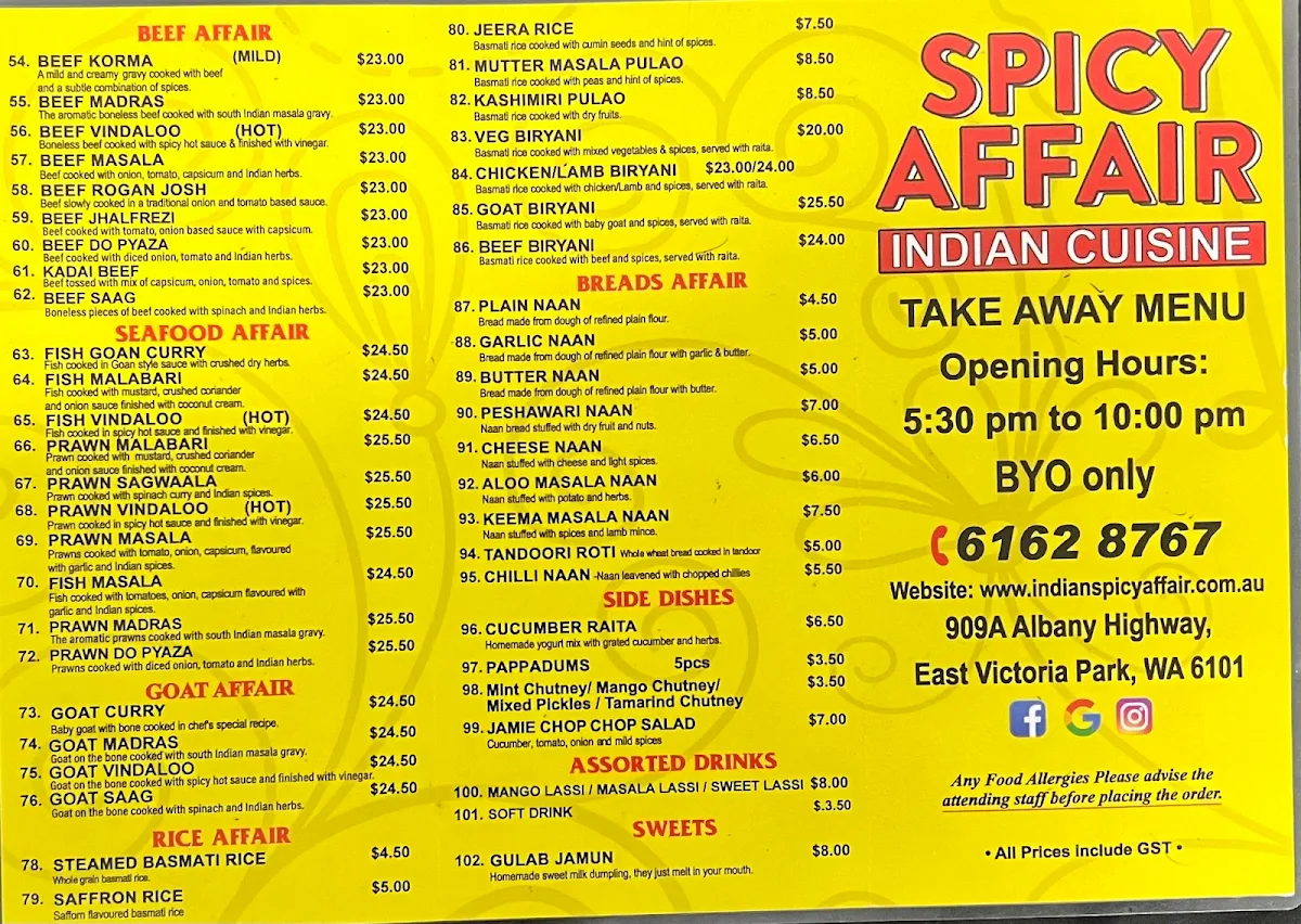 Menu, Spicy Affair Indian Cuisine