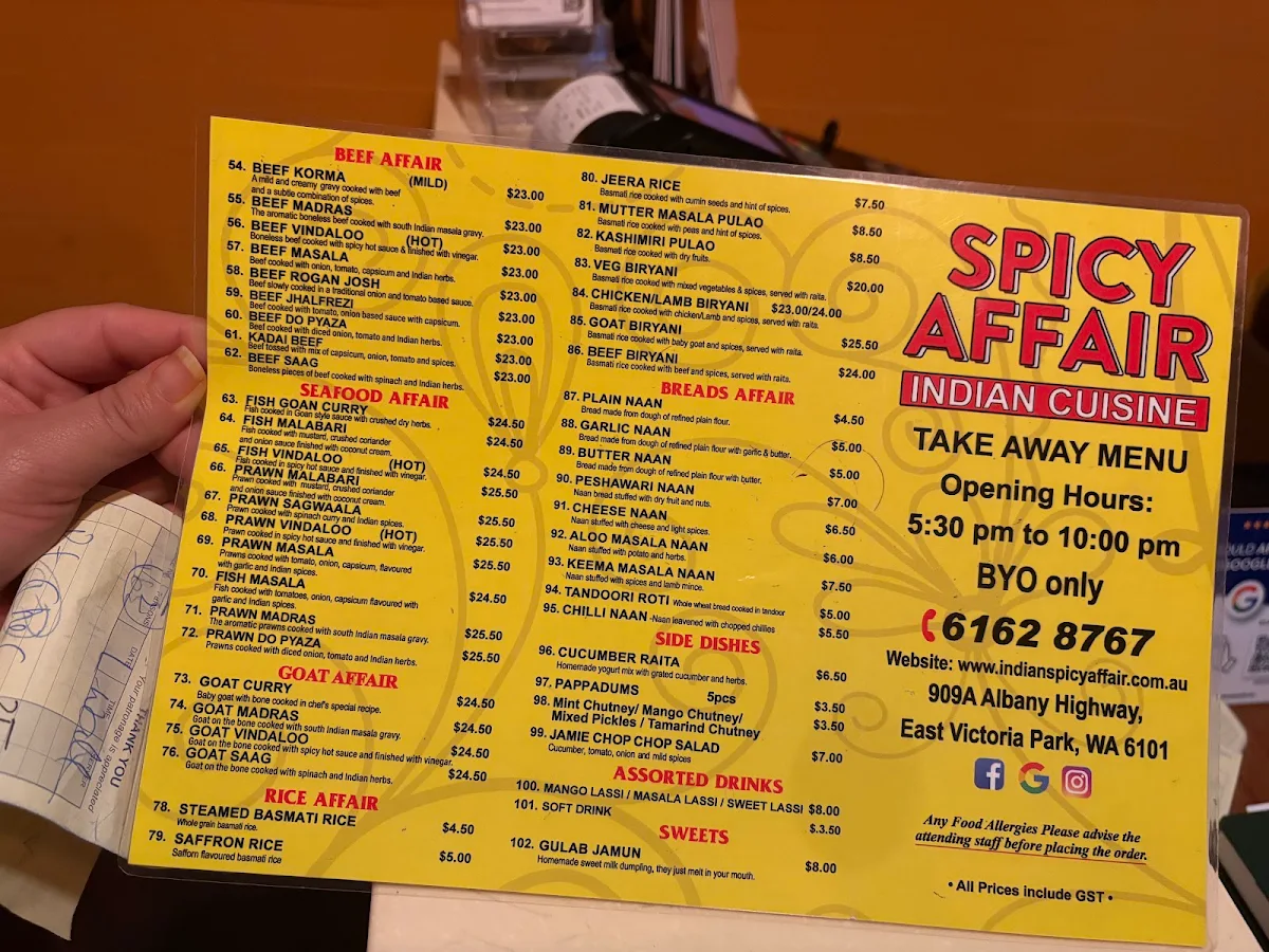 Menu, Spicy Affair Indian Cuisine