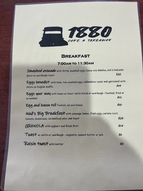 Menu, 1880 Cafe & Takeaway
