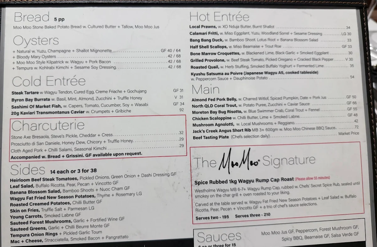 Menu, Moo Moo The Wine Bar + Grill